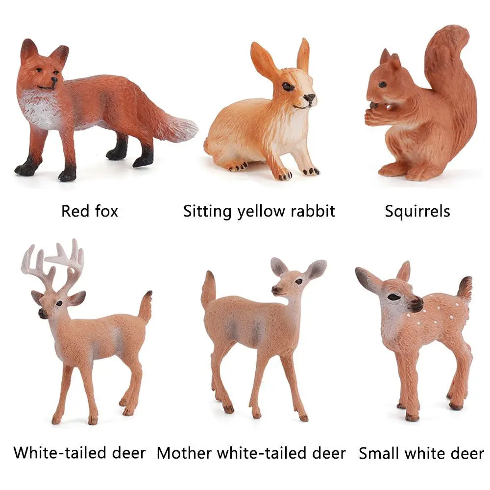 A set of realistic farm animal figurines including a red fox, sitting yellow rabbit, squirrels, white-tailed deer, mother whi