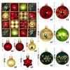 A collection of festive Christmas ball ornaments in various colors and finishes including red, gold, green, and silver.