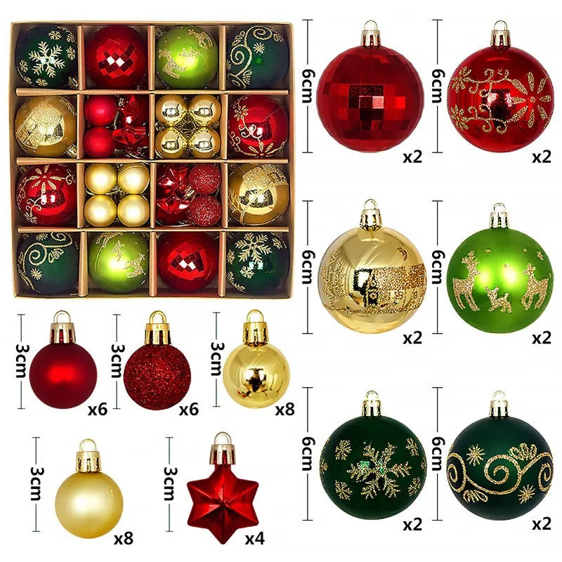 A collection of festive Christmas ball ornaments in various colors and finishes including red, gold, green, and silver.