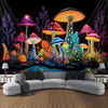 A dark tapestry featuring glowing mushrooms and plants under UV light, displayed above a modern sofa.