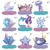 A set of mermaid-themed tableware featuring purple and blue sea creatures, including a mermaid figure and starfish.