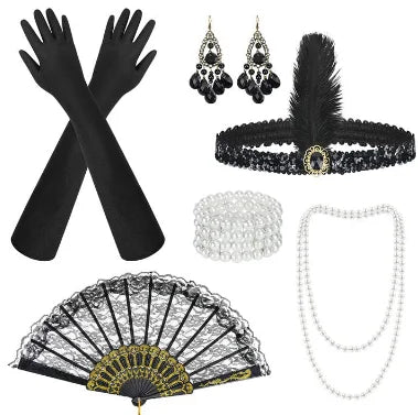1920s Gatsby Flapper Accessory Set with Headband, Gloves, Pearl Necklace & Cigarette Holder