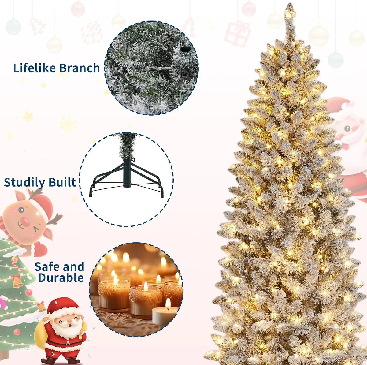 7.5 Ft Pre-Lit Pencil Christmas Tree with LED Lights and Metal Stand
