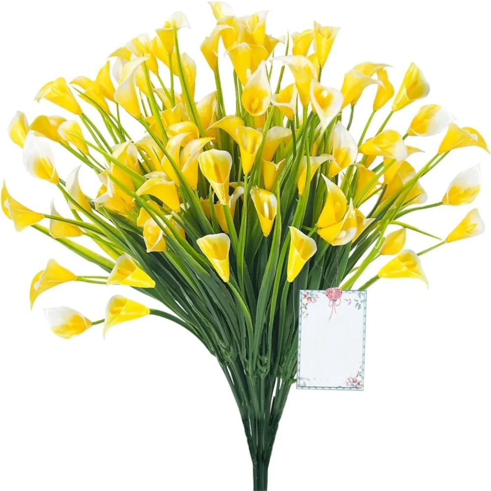 A bouquet of yellow and white artificial calla lilies for home decor