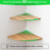 A wooden floating shelf designed to fit a 90 degree right angle corner on a wall.