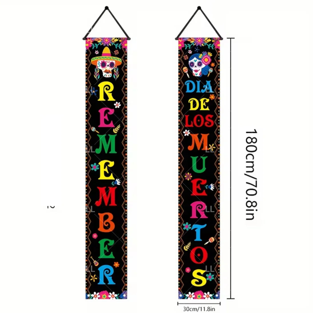 Vertical banner featuring a Mexican skull and floral design for Day of the Dead celebration