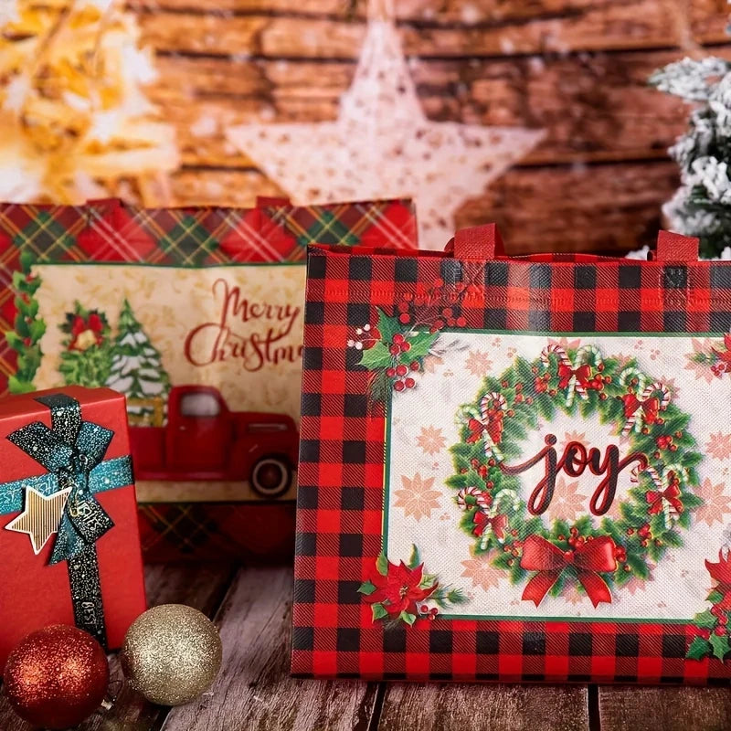 A red plaid fabric gift bag with a green wreath design and a gold star is displayed next to a red gift box and festive holida