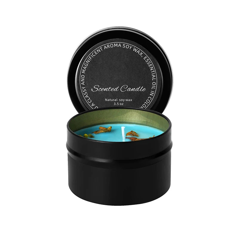 Soy Wax Aromatherapy Candle in Metallic Tin with Dried Flowers