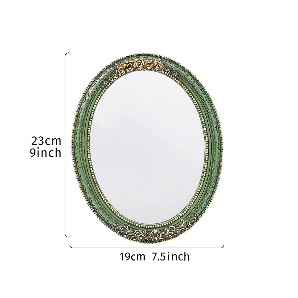 A classic oval wall mirror with a green frame and intricate gold lace design.