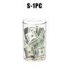Clear acrylic piggy bank filled with various US currency bills and coins.