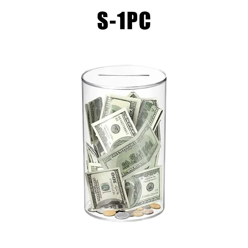 Clear acrylic piggy bank filled with various US currency bills and coins.