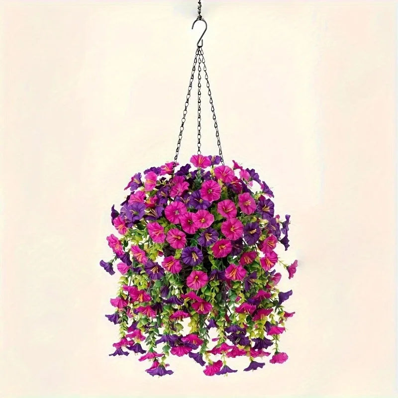 A vibrant purple and pink silk peony hanging garland suspended by a metal chain.