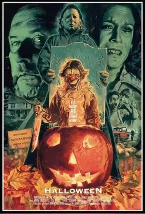 Canvas wall art featuring a horror movie scene with Michael Myers and a carved pumpkin.