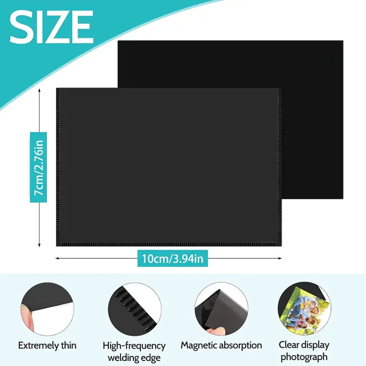 A set of magnetic picture frames shown with various thickness and features like a welding edge and clear display.