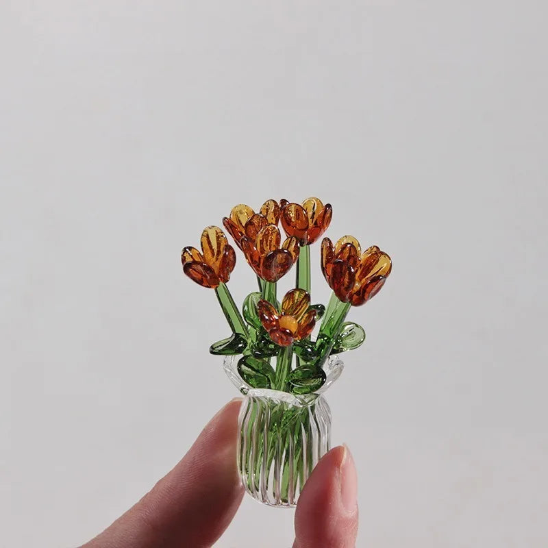 Hand-Blown Glass Flower Bouquet with Vase