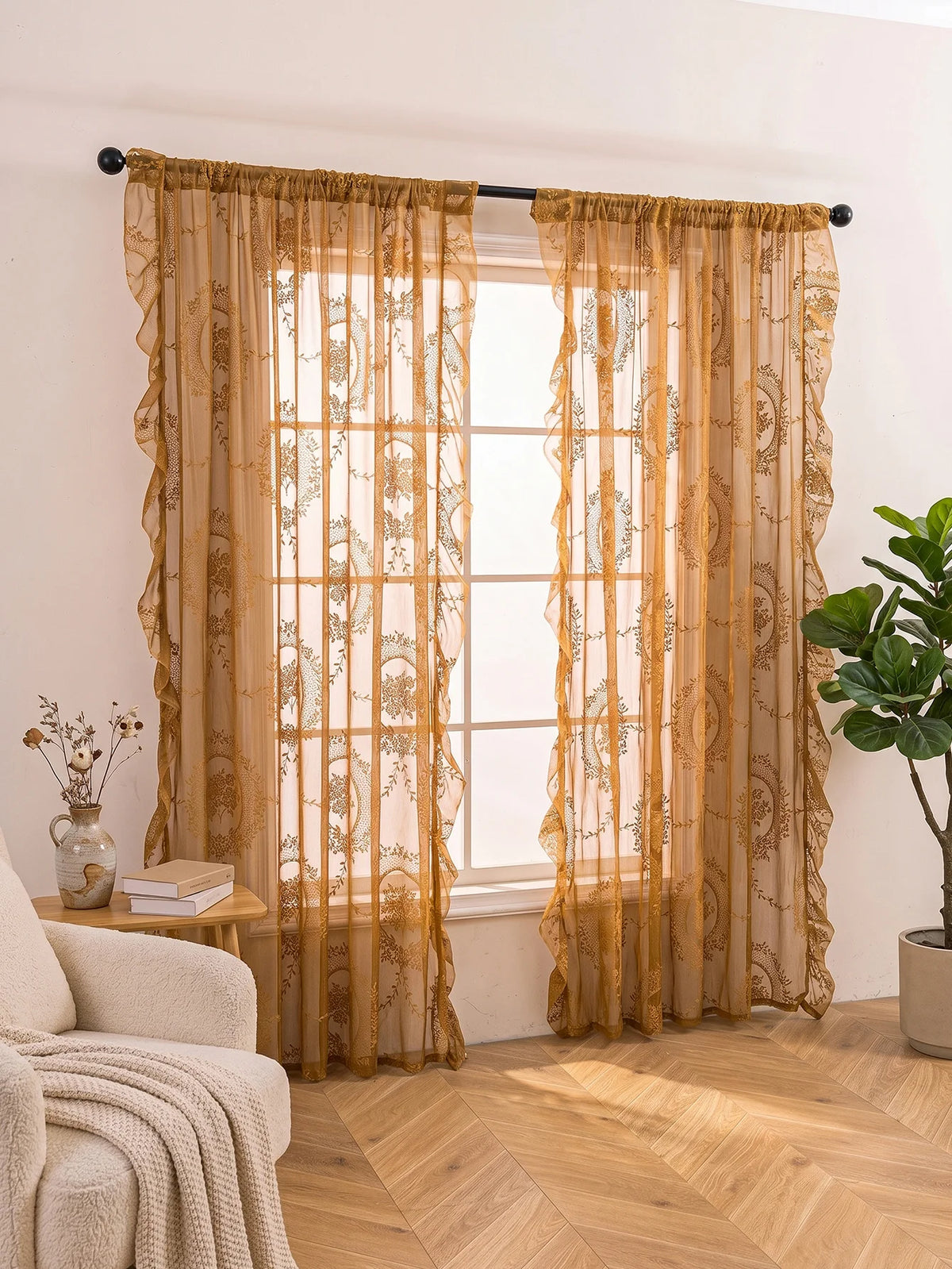 Vintage Golden Floral Lace Sheer Curtains with Ruffled Edge