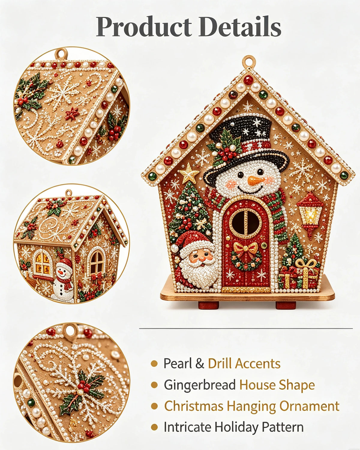 A detailed gingerbread house ornament kit featuring pearl and drill accents with an intricate holiday pattern.