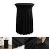 Black stretch spandex round tablecloth with a pleated skirt shown in various angles