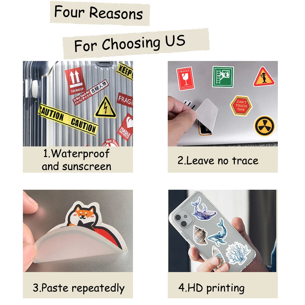 A set of four reasons for choosing a product, highlighting waterproof and sunscreen protection, leaving no trace, repeated pa