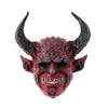 A realistic devil head mask with horns and a fierce expression, colored deep red and black.