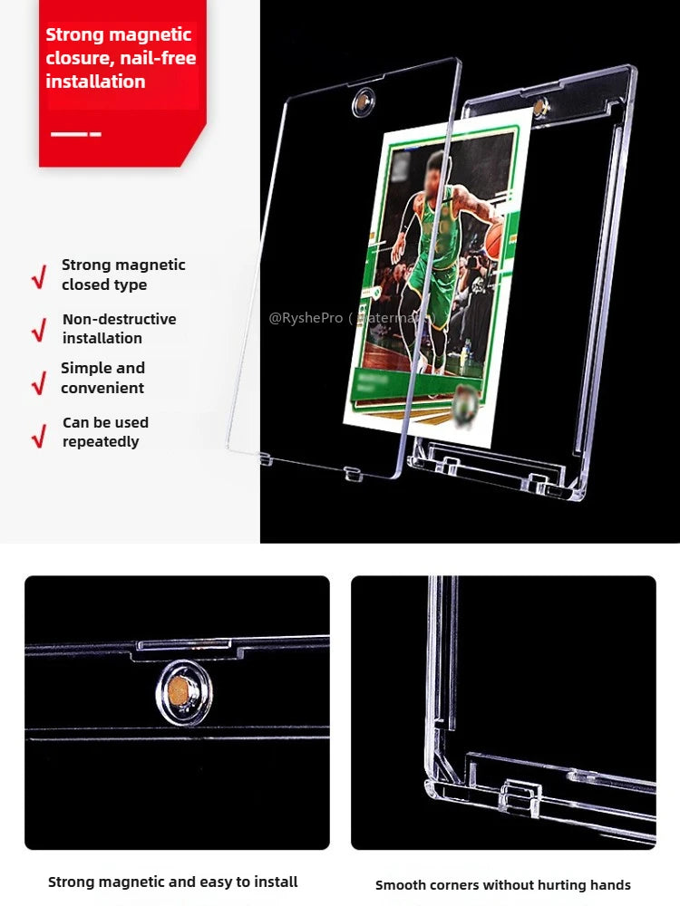 A set of magnetic clear card holders demonstrating strong magnetic closure and easy installation.