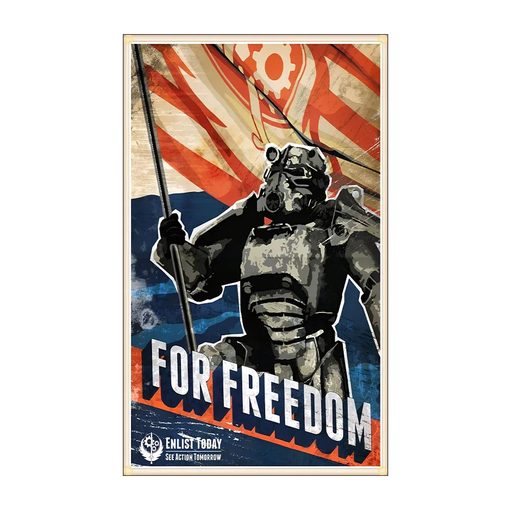A vintage-style banner featuring a stylized warrior figure against an orange and red background with the text FOR FREEDOM.