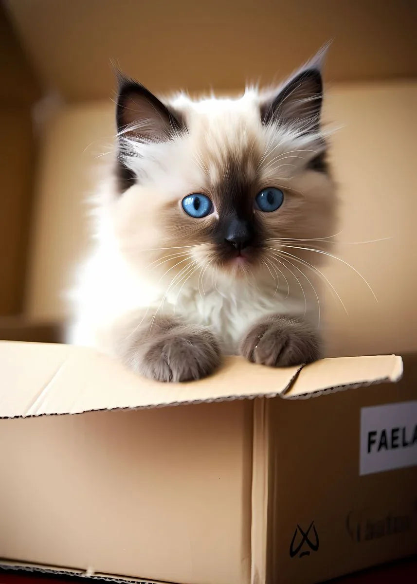 A fluffy, light cream and gray kitten with blue eyes sits on a cardboard box.