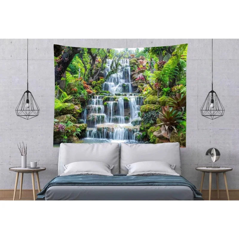 Panoramic waterfall rainforest tapestry featuring lush green foliage and cascading water as wall art