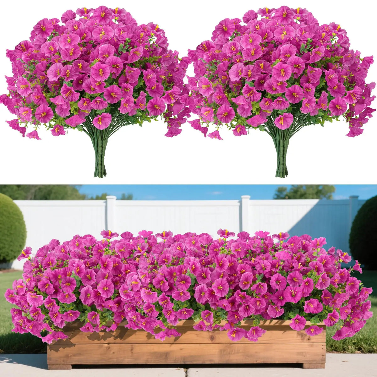 Two clusters of vibrant pink artificial silk flowers displayed against a white fence and green foliage.