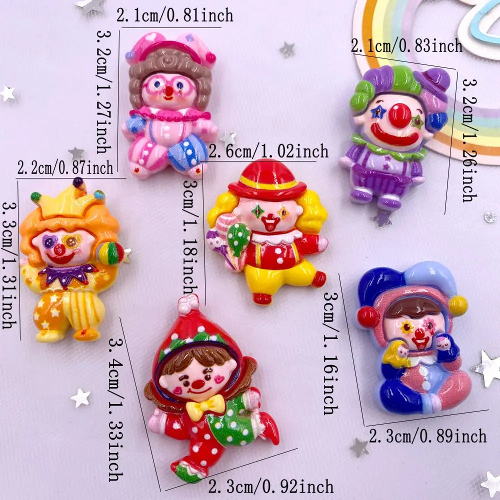 A collection of colorful resin clown charms in various sizes and styles for DIY crafts