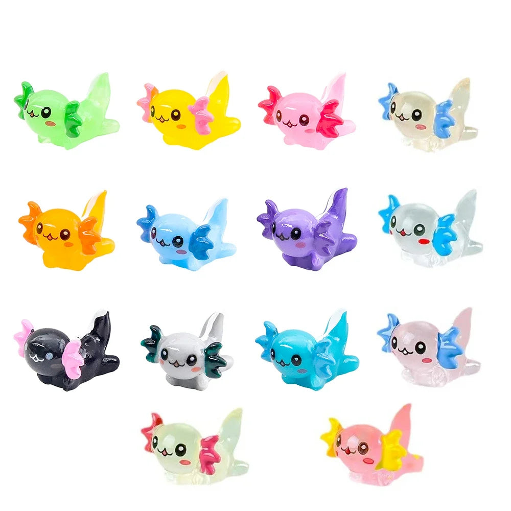 A collection of colorful mini resin axolotl figurines in various shades including green, yellow, pink, blue, and purple.