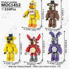 A set of five collectible building block models featuring characters from Five Nights at Freddy's