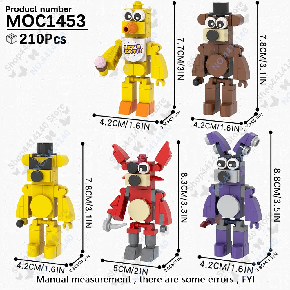 A set of five collectible building block models featuring characters from Five Nights at Freddy's