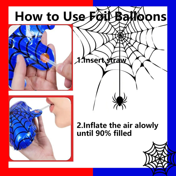 Instructions for making a spider web decoration using foil balloons and a straw.