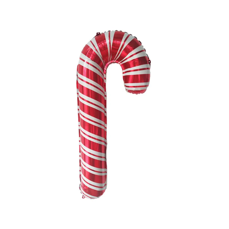 A red and white striped candy cane shaped foil balloon.
