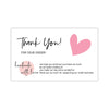 A white thank you card design featuring pink heart accents and text for a small business order.