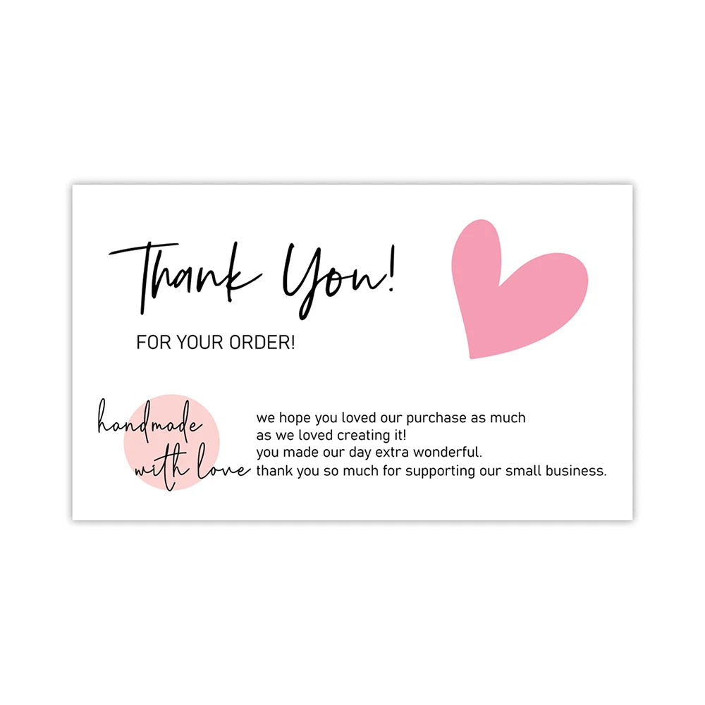 A white thank you card design featuring pink heart accents and text for a small business order.