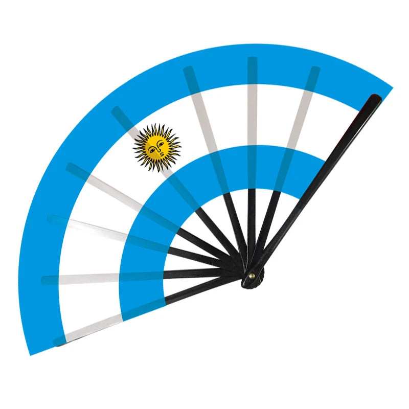 A blue and white folding cheering fan decorated with a sun emblem.