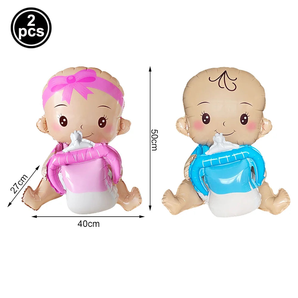 A cute baby bottle balloon decoration featuring a baby figure with pink hair and a pink ribbon, shown in a side view.