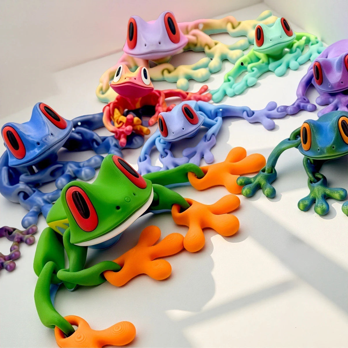 A collection of colorful, realistic 3D frog fridge magnets with movable joints arranged on a white surface.