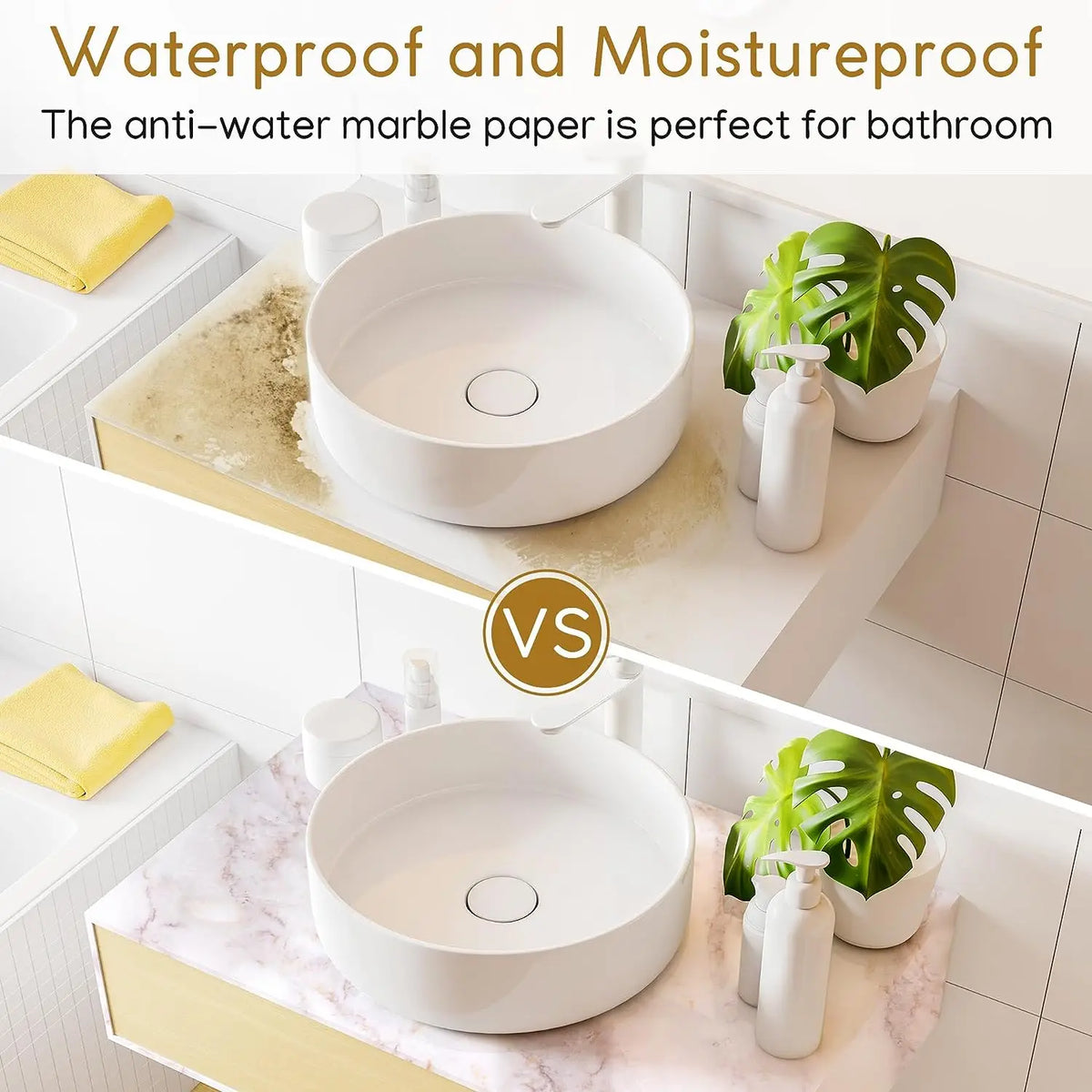Lavabo de cerámica blanca para baño y exhibición de productos de papel de mármol con plantas verdes
