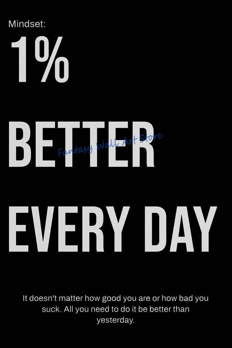 Motivational canvas wall art featuring the text 1% better every day and a related quote.