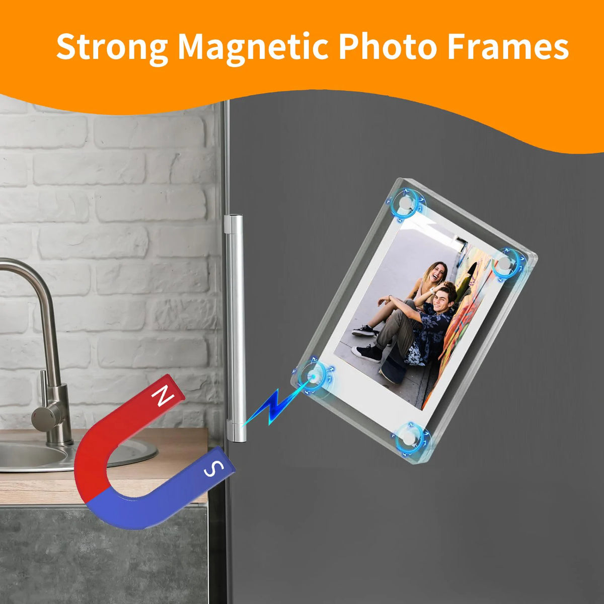 Strong magnetic photo frames demonstrating the attraction between North and South poles on a glass frame.