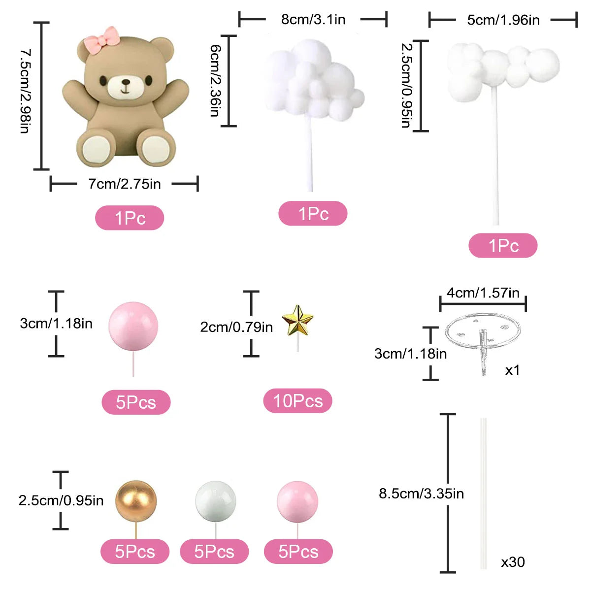 A set of baby shower cake toppers including a brown bear, a gold star, and various white and pink spherical decorations.