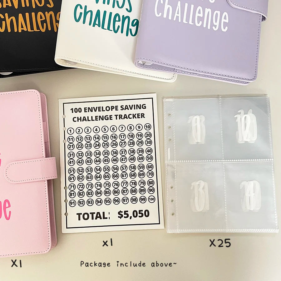 A set of pink and purple challenge binders with numbered envelope saving trackers and clear pockets