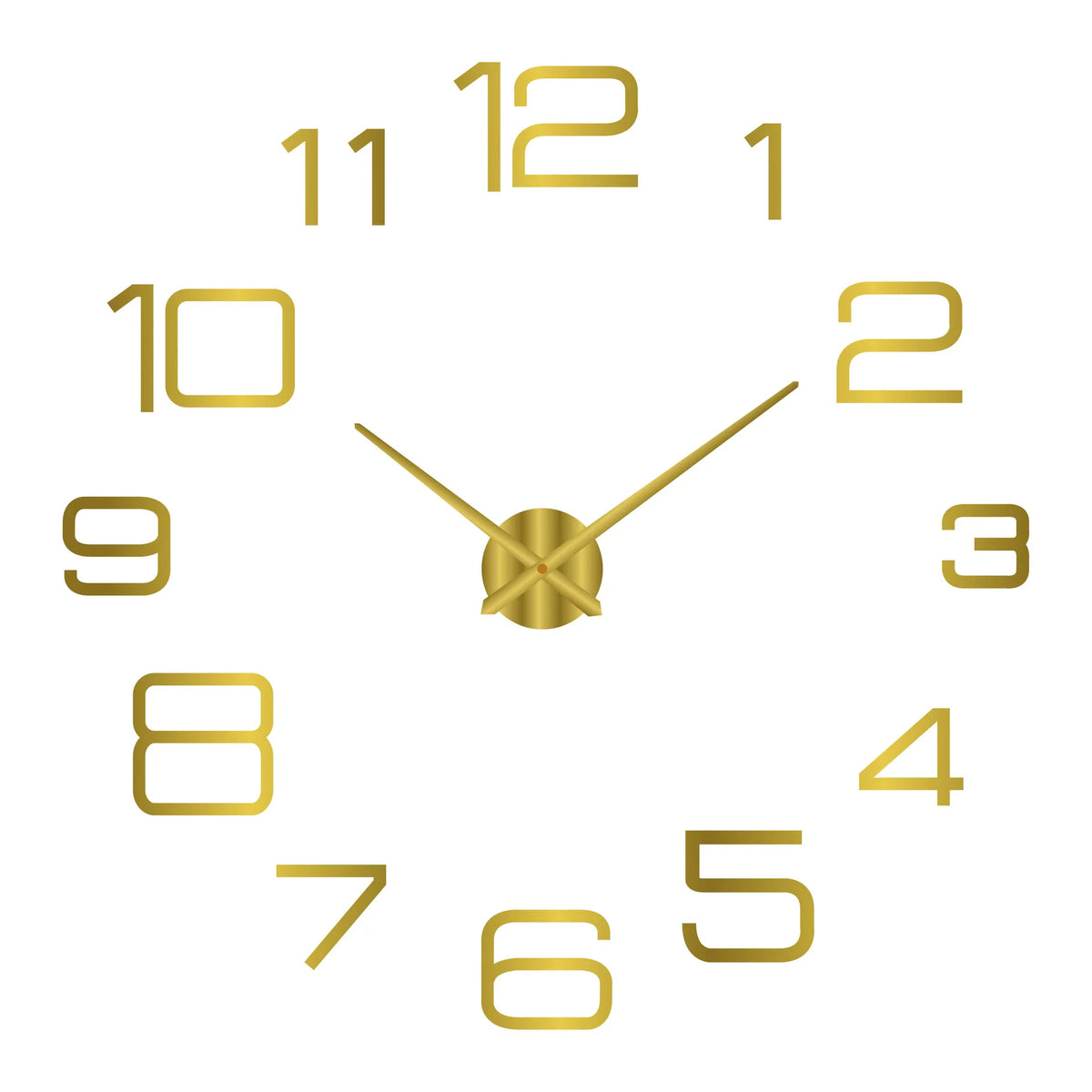 A round gold-toned analog clock face with numbers 1 through 12 and a golden hand pointing toward the 12.