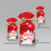 Festive Christmas drawstring gift bags in red with snowflake and Santa designs, shown in various sizes.