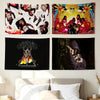 Bold wall art featuring images of Osama bin Laden and music themes.