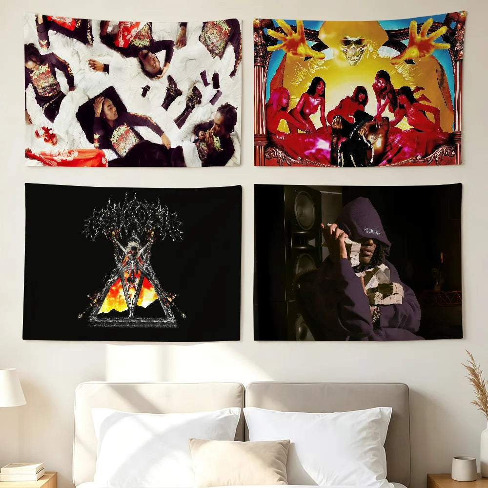 Bold wall art featuring images of Osama bin Laden and music themes.
