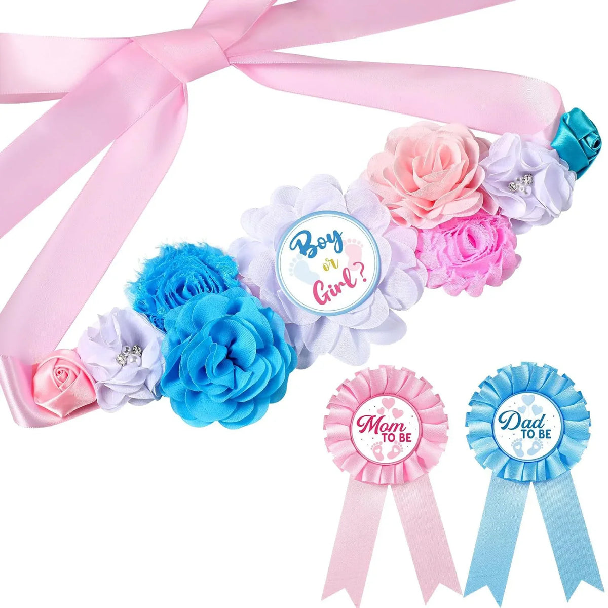 Pink and blue floral maternity sash and corsage pin set for baby shower